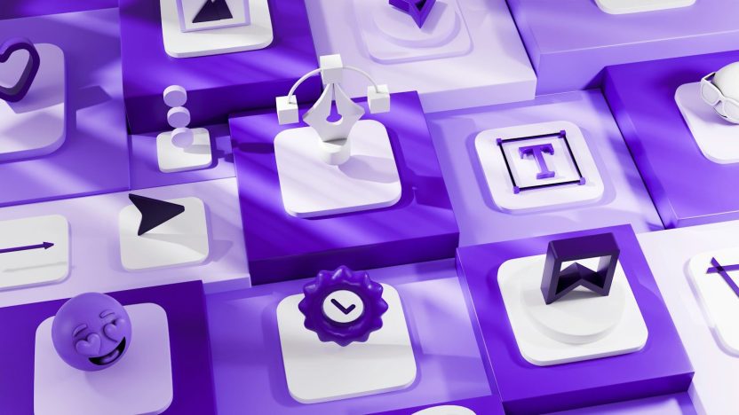Abstract purple and white 3D icons arranged in a grid